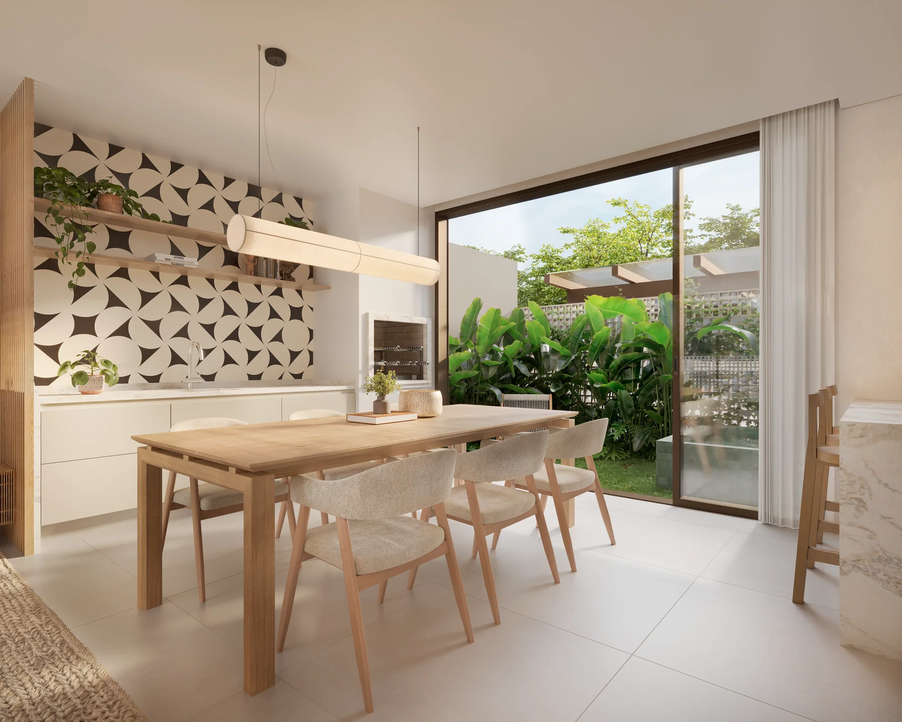 Sala de jantar com cobogós e portas abertas para o pátio verde