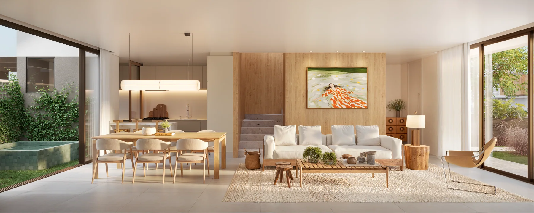 Sala de estar e jantar integradas, com luz natural e vista para o jardim
