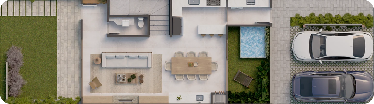 Planta do pavimento térreo com jardim frontal, sala de estar e jantar, cozinha, pátio e duas vagas nos fundos