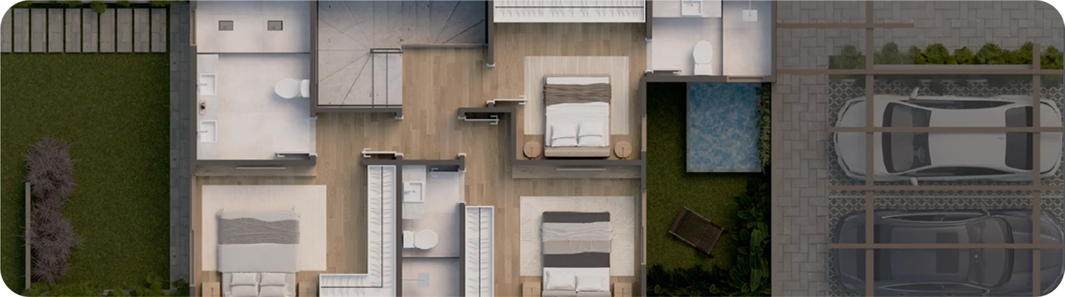 Planta do pavimento superior com três suítes